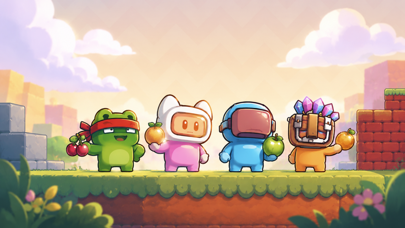 PixelGo characters in a colorful platform game world